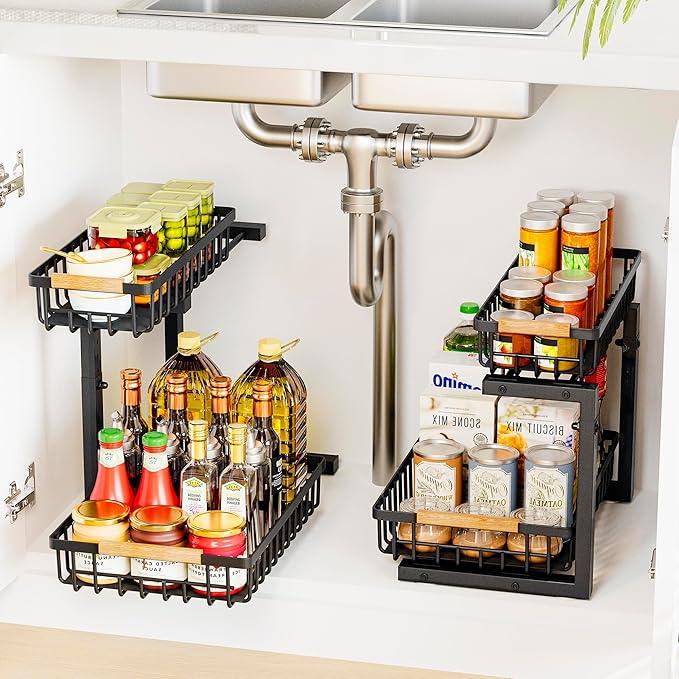 Under Sink Organizers, 2 Tier Pull Out Under Cabinet Organizer，Height Adjustable Pull Out Cabinet Drawers, Metal Sliding Drawer for Kitchen Bathroom Pantry Cabinet Closet Organization Rack，2 Packs - ModernBath