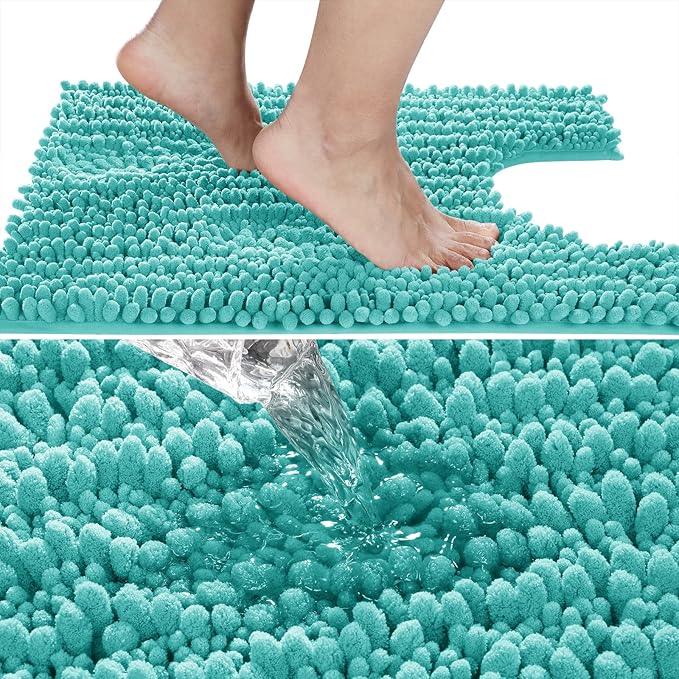 Yimobra Toilet Rug U Shaped Washable 24x20 Inch - Ultra Soft Absorbent Chenille Bath Rugs for Toilet, Quick Dry & Machine Washable, Non Slip Contour Bathroom Mat, Lake Blue - ModernBath