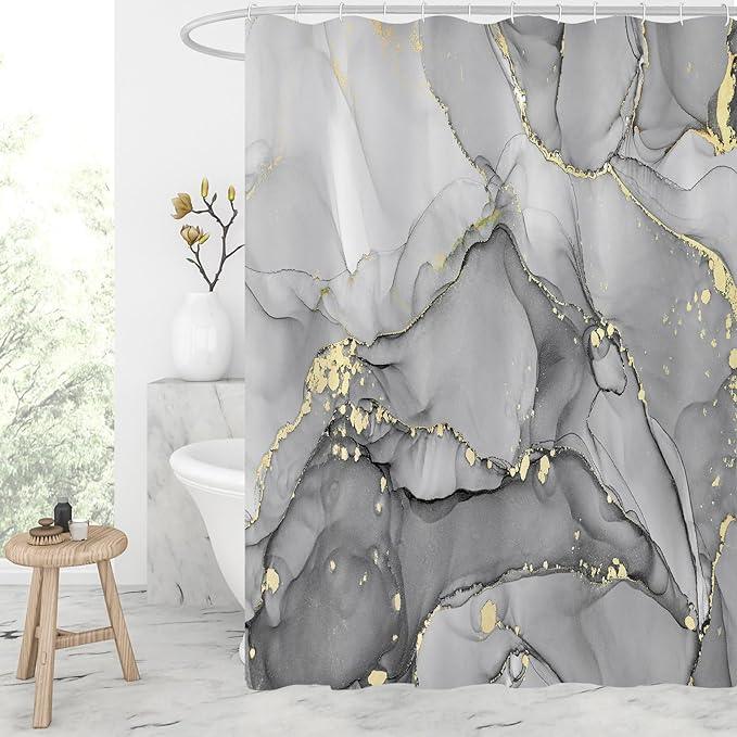 Gibelle Grey Marble Shower Curtain, Abstract Marble Shower Curtain for Bathroom, Modern Ink Art Decor Waterproof Fabric Shower Curtain Set with Hooks, 72x72 - ModernBath