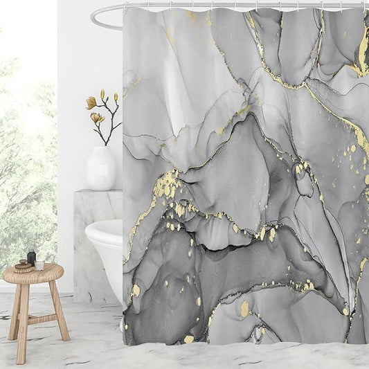 Gibelle Extra Long Shower Curtain 72 x 78, Abstract Grey Marble Fabric Shower Curtain, Modern Ink Art Waterproof Bathroom Shower Curtain Set with Hooks - ModernBath