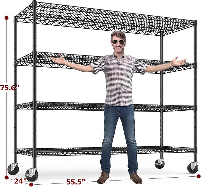 REIBII 75.6" H Storage Shelves Metal Shelving Unit with Wheels 55''W Garage Shelving Heavy Duty Wire Shelves for Storage Rack Adjustable Pantry Shelf Commercial Shelving,75.6" H X 55.5''W X 24" D - ModernBath