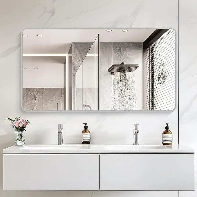 CIVENO 55x30 Inch Silver Bathroom Mirror, Large Rectangular Vanity Mirror, Metal Framed Rectangle Mirrors, Rounded Corner Wall Mounted Mirrors for Living Room Bedroom Entryway Horizontal or Vertical - ModernBath