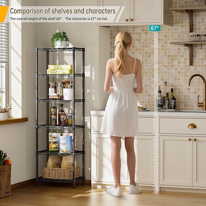 6 Tier Shelf Adjustable Storage Mesh Gaps Metal Utility Shelves Wire Shelving Unit Organizer Rack for Home Kitchen Office Bathroom Pantry Room10 D x 16" W x 60" H Black - ModernBath