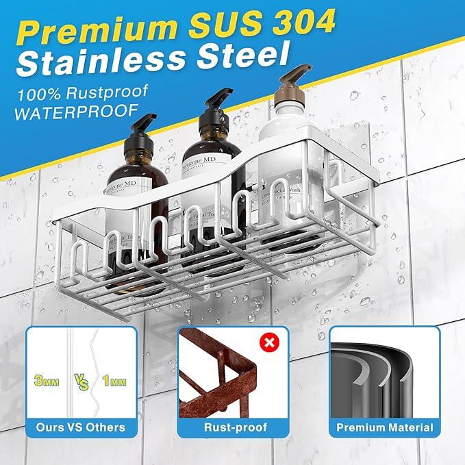 EUDELE 5-Pack Rustproof Stainless Steel Shower Caddy – No Drill Adhesive Bathroom Organizer with Large Capacity, Spacious Shower Shelves for Inside Shower, Kitchen & Home Decor Storage-XL Size - ModernBath