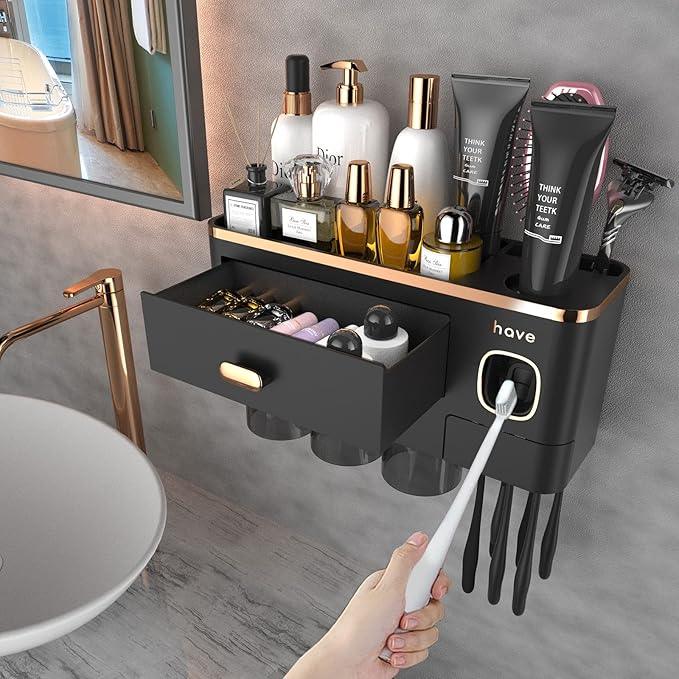 iHave Toothbrush Holders Wall Mounted with Toothpaste Dispenser & 3 Cups - Luxury Black and Gold Design for Bathroom Decor, All-in-One Bathroom Organizers & Storage for Toothbrushes and Accessories - ModernBath