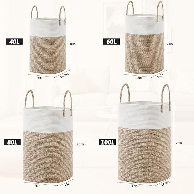Laundry Basket,Woven Cotton Rope Laundry Hamper,Versatile Storage for Dirty Clothes,Baby Toys,and Blankets in Bathroom, Nursery,and Living Room (Brown, 80L) - ModernBath