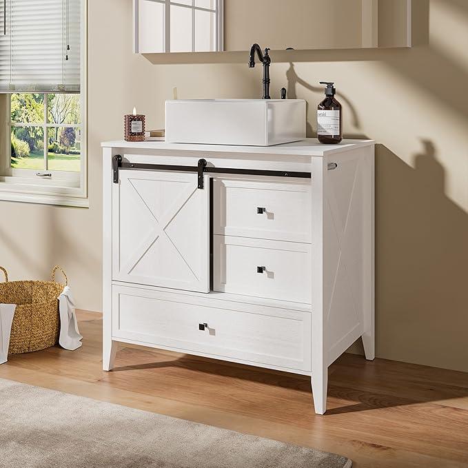 VNN Bathroom Vanity with Sink - 36 Inch Bathroom Vanity with Sink Ceramic, Freestanding Cabinet with Farmhouse Sliding Barn Door and 3 Drawers, Space-Saving Storage Cabinet, Wood Grain Texture, White - ModernBath