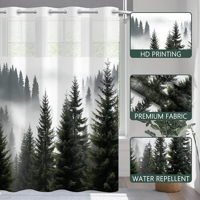 NAEMBCU No Hook Landscape Shower Curtain with Snap-in Liner, Green Misty Forest Bath Curtain with See Through Top, Waterproof Double Layer for Bathroom Decor, 71 x 74 Inch - ModernBath