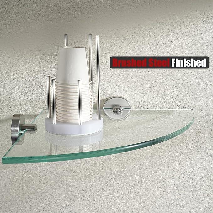 JQK Corner Glass Shelf, Brushed Steel Bathroom 304 Stainless Steel Shower Triangle Floating Wall Shelf, 10 x 10 Tempered Glass, 3 Pack, TGS190L10-BN-P3 - ModernBath