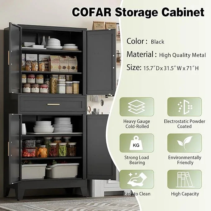 COFaR 71" Tall Metal Storage Cabinet with 4 Doors and 4 Adjustable Shelves, 6-Tier Farmhouse Storage Cabinet with Drawers and Legs, for Office, Home, Garage, Gym, School, Living Room, Hallway（Black） - ModernBath