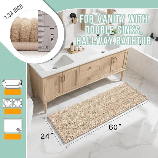 Yimobra Bathroom Runner Rugs 60"x24", Non Slip and Absorbent Bath Mat, Super Soft Water Absorbent Hallway Carpet, Machine Washable Rug for Vanity Tub Shower, Beige - ModernBath