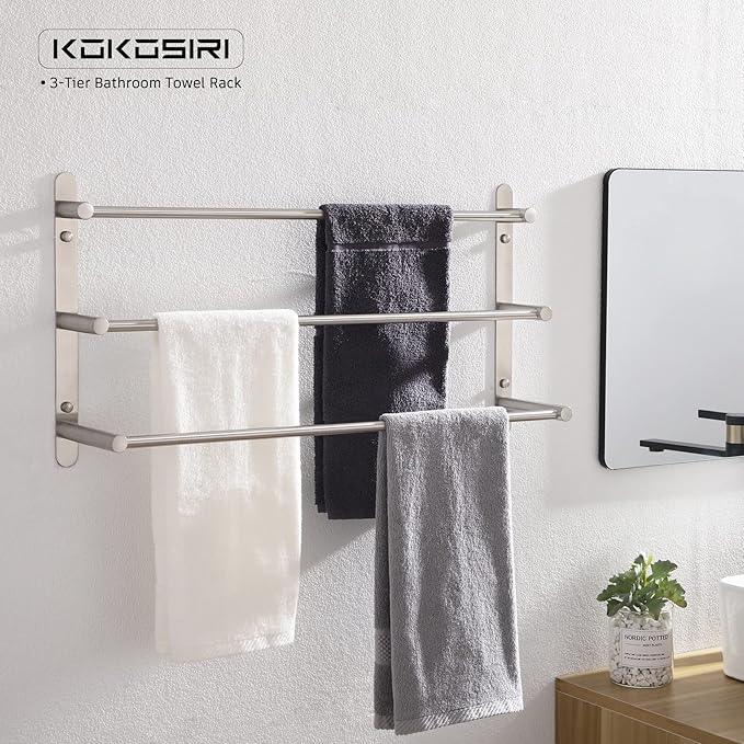 KOKOSIRI Bath Towel Bars Stainless Steel Bathroom 3-Tiers Ladder Towel Rack Wall Mount Towels Shelves, Brushed Nickel, B5002BR-L24 - ModernBath