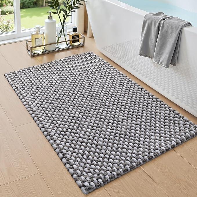 DEXI Bathroom Rugs 16x24, Non Slip Washable Bath Mat, Absorbent Chenille Bathmat, Ultra Soft Thick Carpet for Tub Shower Floor, Grey and White - ModernBath