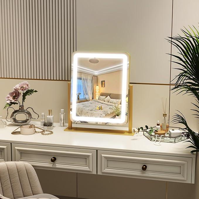 ROLOVE Vanity Mirror with Lights, 12.6"×15" LED Makeup Mirror, Lighted Makeup Mirror with Lights, Smart Touch Control Dimmable 3 Modes Light, Lighted Up Mirror for Makeup Desk, Gold - ModernBath