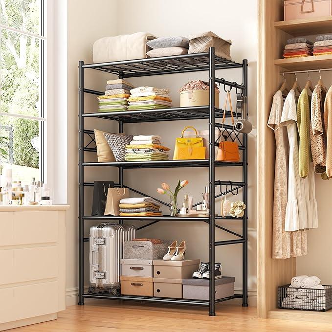 Storage Shelves 5-Tier Large Capacity Wire Shelving with Hooks, Heavy Duty Garage Shelving Unit with Leveling Feet, Stable Metal Shelf for Pantry, Kitchen and Closet, 72" H x 36" W x 12" D, Black - ModernBath