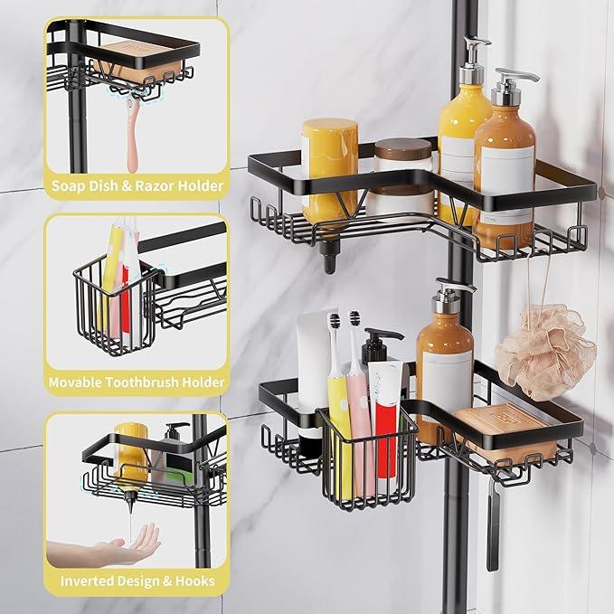 KEGII Corner Shower Caddy Tension Pole, Adjustable Bathroom Organizer Shelf with Toothbrush Holder, Floor to Ceiling Shower Organizer 25-114.2 Inch, Bathtub Storage Rack for Renters, Family - ModernBath