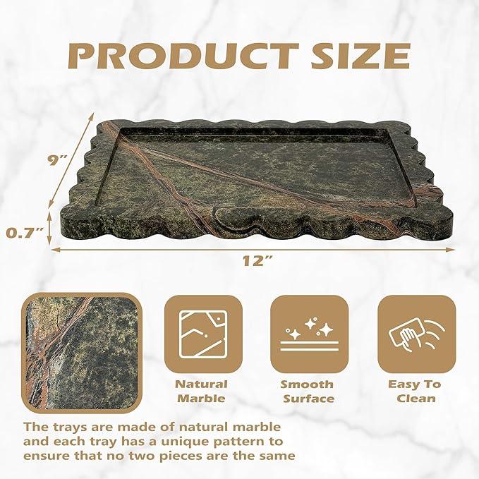 Prolee Scalloped Marble Tray,Marble Vanity Trays for Bathroom 12" x 9", Scalloped Tray,Wave Appearance Jewelry Home Decor Stone Trays for Kitchen Counter, Bathroom, Rainforest Green - ModernBath