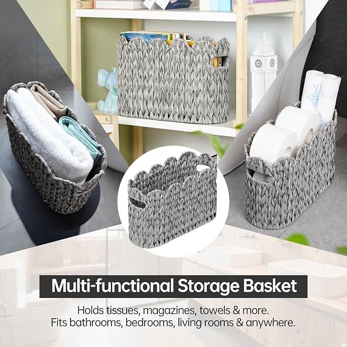 Grey Toilet Paper Storage Basket,Scalloped Baskets for Bathroom Organizers and Storage,Waterproof Plastic Wicker Basket for Bathroom,Laundry Room - ModernBath