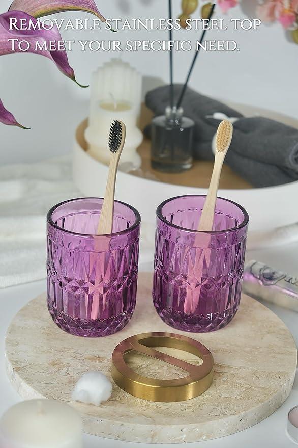 LaMarriti Purple Bathroom Accessories Set, 5Pcs Clear Glass Bathroom Set, Soap Dispenser, Toothbrush Holder Set, Soap Dish, Qtip Holder, Tumbler for Vintage Crystal Bathroom Decor, Gift Set (Violet) - ModernBath