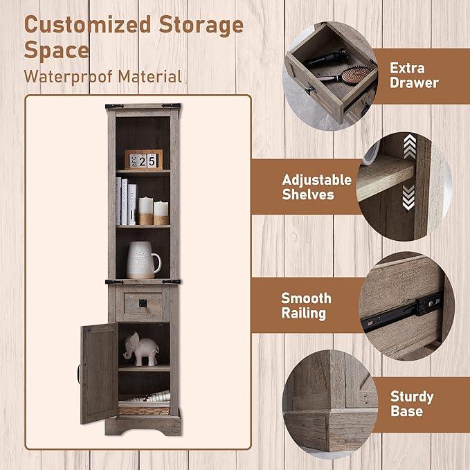 OKD Bathroom Storage Cabinet, Farmhouse Storage Cabinet with Adjustable Shelves & Drawer, Tall Linen Tower for Bathroom, Living Room, Light Rustic Oak - ModernBath