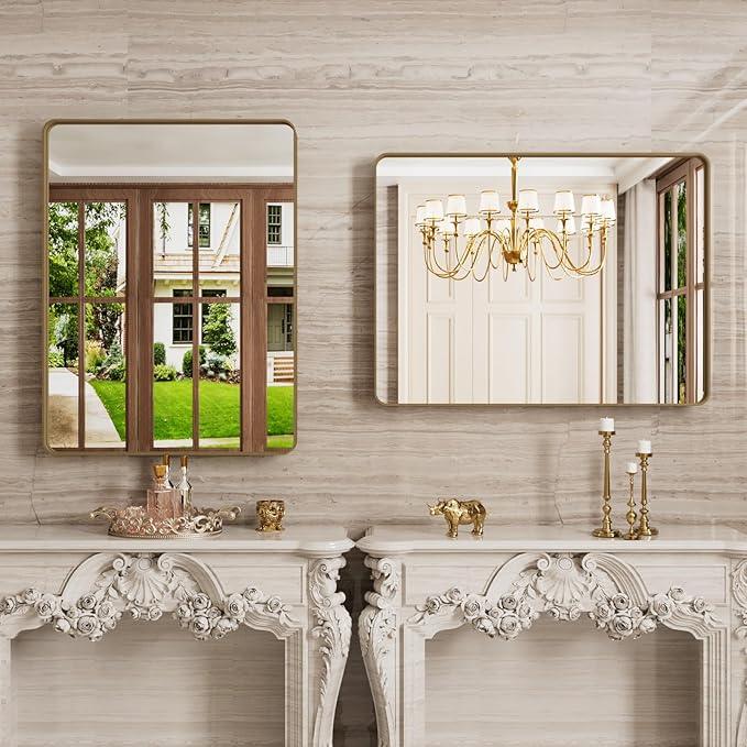 JISOSO Bronze Bathroom Mirror 24x32 Inch, Brushed Bronze Metal Frame Mirror for Wall, Rounded Rectangle Bathroom Vanity Mirror with Tempered Glass, Anti-Rust, Horizontal/Vertical - ModernBath