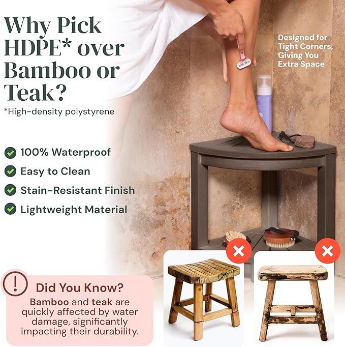 ROHKEX Corner Shower Stool - L-Shaped, Brown HDPE - Adjustable Non-Slip Legs & Corner Bench - Double-Layer Shelf & Shaving Stool - Protective Rubber Feet & Waterproof Bench Home Decor Gift Idea - ModernBath