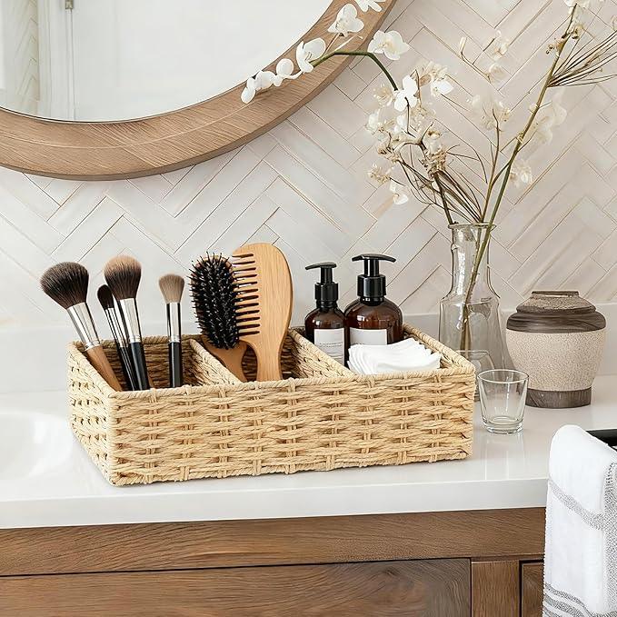 Seagrass Wicker Basket for Toilet Tank Top, 3-Compartment Handwoven Bathroom Organizer for Toilet Paper, Pads, and Accessories (2, Natural (Seagrass)) - ModernBath