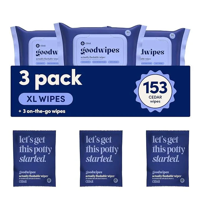 goodwipes Flushable Butt Wipes - Vitamin E & Aloe - Sewer & Septic Safe - Extra Large Adult Wet Wipes For Women & Men - Bathroom Essentials - Cedar, 153 Count (3 Packs + 3 Individually Wrapped) - ModernBath