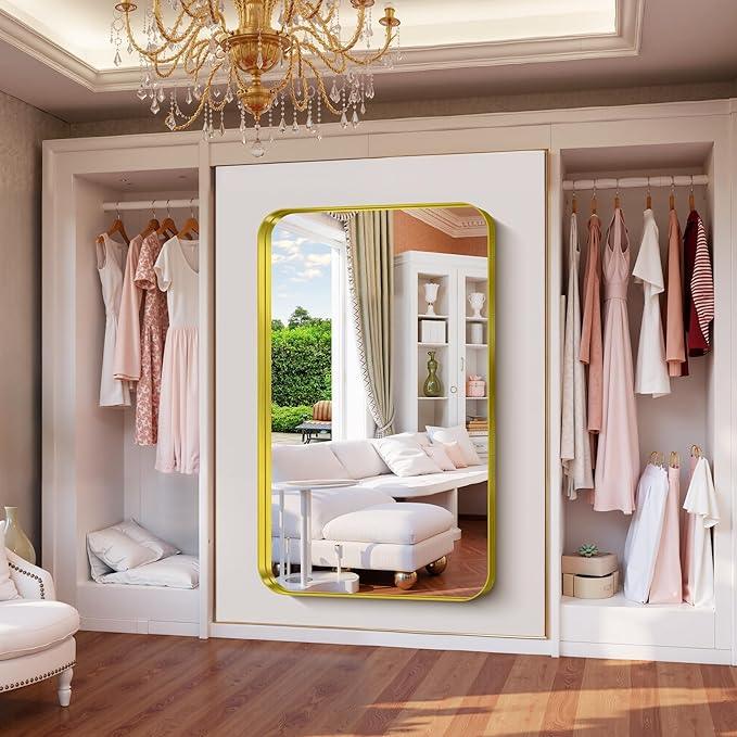 FORBATH 60x36 Inch Large Bathroom Mirror for Double Sinks, Brushed Gold Deep Frame Wall Mirror with Rounded Corners, Anti-Rust Tempered Glass for Modern Farmhouse Vanity (Horizontal/Vertical) - ModernBath