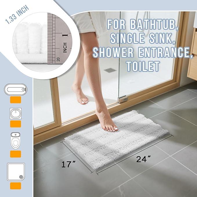 Yimobra Bathroom Rug Mat, Non Slip and Super Absorbent Bath Mat, Machine Washable Quick Dry, Ultra Plush Chenille Shower Rugs for Bathroom Floor Sink Tub and Shower Outside, White, 24 x 17 - ModernBath
