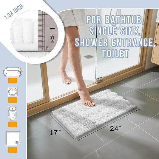 Yimobra Bathroom Rug Mat, Non Slip and Super Absorbent Bath Mat, Machine Washable Quick Dry, Ultra Plush Chenille Shower Rugs for Bathroom Floor Sink Tub and Shower Outside, White, 24 x 17 - ModernBath