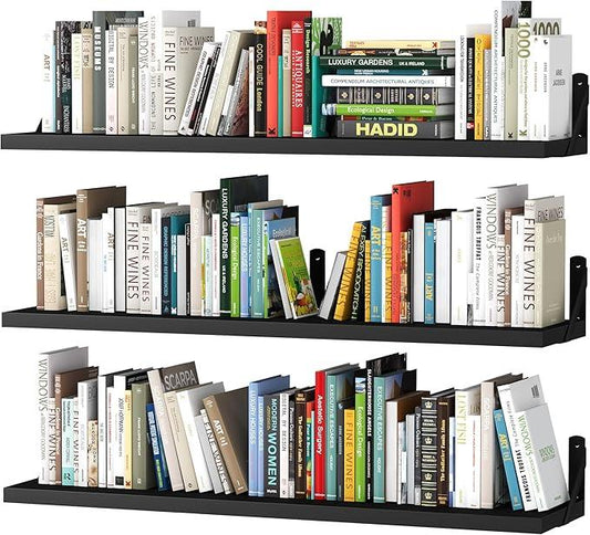 upsimples Floating Book Shelves for Wall, 35.4 Inches Long Floating Wood Shelves for Living Room, Library, Bedroom, Office Organizer and Storage, Black - ModernBath