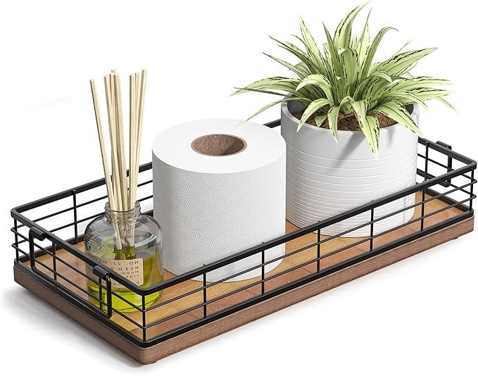 JNFUZ Acacia Toilet Paper Basket, 13 Inch Tank Tray Top of Toiletries Storage Organizer for Bathroom, Living Room and Kitchen (Acacia & Black) - ModernBath