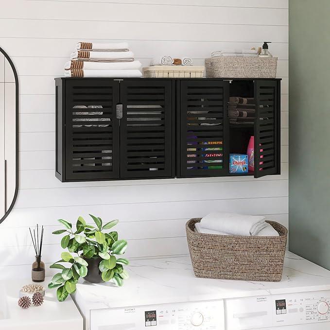 HITNET Black Bathroom Storage Cabinet, Hanging Medicine Cabinet with Adjustable Shelf, Bamboo Over The Toilet Wall Mounted Space Saver Organizer, Double Doors - ModernBath
