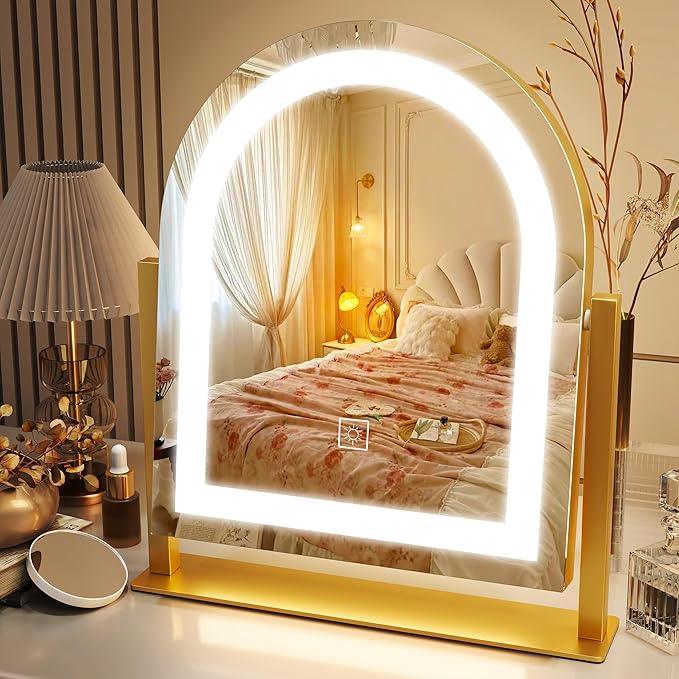 ROLOVE Lighted Makeup Mirror with 3-Color Dimmable Lighting, with Removable 10x Magnifier, Smart Touch Control, 360° Rotation, 15" x 13" Hollywood Vanity Mirror for Tabletop Desk (Gold) - ModernBath
