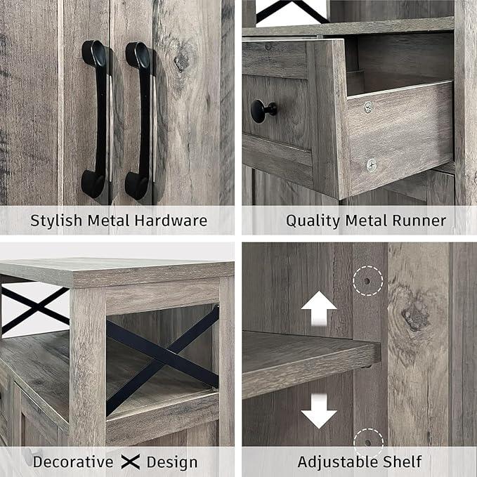 Farmhouse Storage Cabinet with Barn Doors and Open Shelf, Kitchen Pantry with Storage, Coffee Bar Station, Freestanding Cupboard Hutch Cabinet for Kitchen, Dinning Room, Livingroom, Grey - ModernBath