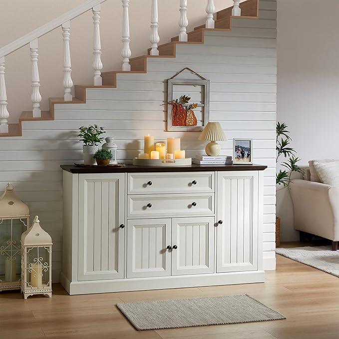 Farmhouse 58" Buffet Cabinet with Storage, 34" Tall Coffee Bar Cabinet w/2 Large Drawers & 4 Grooved Barn Doors, Wood Rustic Sideboard Buffet Cabinet for Dinning Room, Kitchen, Living Room,White - ModernBath