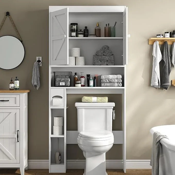 Furnideco Over The Toilet Storage Cabinet with Barn Doors, 32.3''W Free Standing Toilet Storage Shelf Space Saver with Adjustable Bottom Bar, White - ModernBath