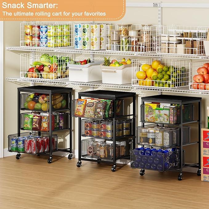 Pantry Organizer and Storage Cart, 3-Tier Kitchen Storage Cart with Drawer, Fruit Vegetable Storage Cart with Wheels, Wooden Top Metal Wire Kitchen Organizer Rack Stand for Food Snack Onion Potato - ModernBath