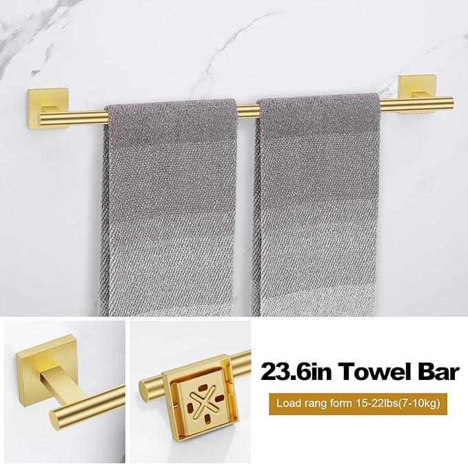 Brushed Gold Bathroom Hardware Accessories Towel Bar Set, 10 Pieces Bathroom Towel Bar Holder Set, 23.6 Inch Stainless Steel Toilet Paper Holder Towel Racks for Bathroom Wall Mounted - ModernBath