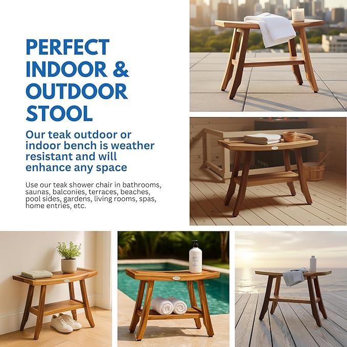 EcoDecors 24 Inch Satori Natural Teak Waterproof Teak Wood Shower Bench Stool Seat Chair for Inside Shower Provides Safety, Storage, and Organization for Bathroom Accessories - ModernBath