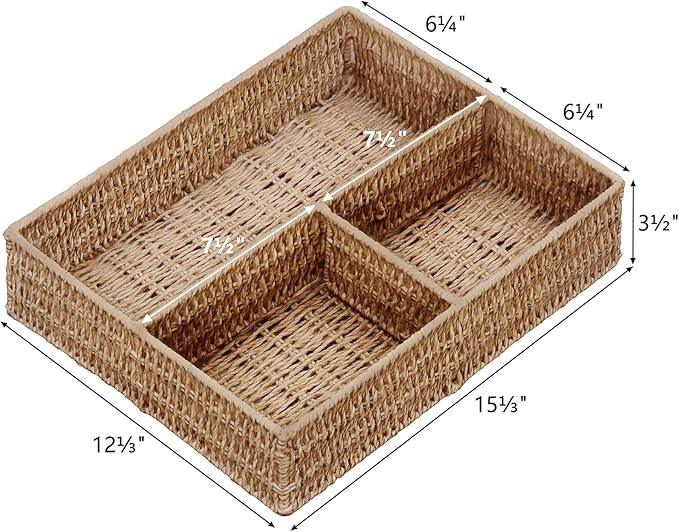 Vagusicc Wicker Divided Storage Basket, Wicker Baskets, Basket for Shelves Drawer Organizing, 3 Section Rectangular Woven Storage Baskets, 2-Pack, Natural - ModernBath