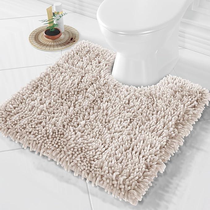 Yimobra Toilet Rugs U Shaped Washable, Extra Thick Soft Absorbent Chenille Contour Bathroom Rugs for Toilet 24x24 Inch, Quick Dry Non Slip Toilet Mat for Bath Floor, Khaki - ModernBath