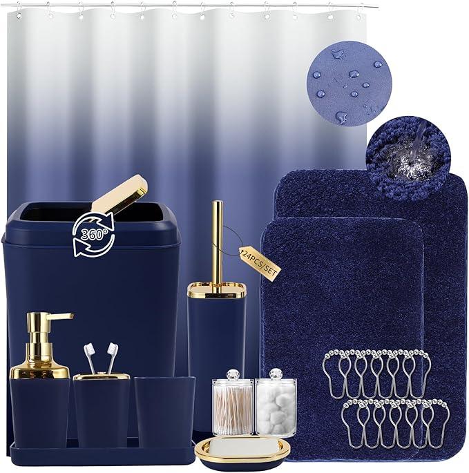 XLHOMO Bathroom Set - Navy Blue Bathroom Sets with Shower Curtain and Rugs, 24PCS Shower Curtain Set with Hooks, Soap Dispenser, Soap Dish, Toilet Brush Holder and Trash Can for Housewarming - ModernBath