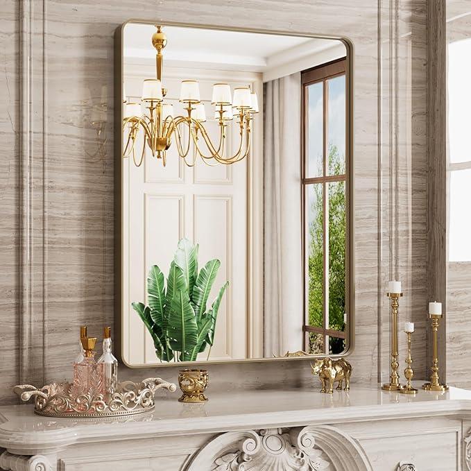 JISOSO Bronze Bathroom Mirror 24x32 Inch, Brushed Bronze Metal Frame Mirror for Wall, Rounded Rectangle Bathroom Vanity Mirror with Tempered Glass, Anti-Rust, Horizontal/Vertical - ModernBath