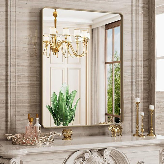 JISOSO Bronze Bathroom Mirror 24x32 Inch, Brushed Bronze Metal Frame Mirror for Wall, Rounded Rectangle Bathroom Vanity Mirror with Tempered Glass, Anti-Rust, Horizontal/Vertical - ModernBath