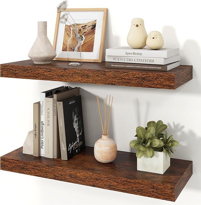 Floating Shelves for Wall, Wall Mounted Rustic Wood Shelves for Bathroom, Bedroom, Living Room, Kitchen, Hanging Shelf for Books/Storage/Room Decor (Brown, 24") - ModernBath