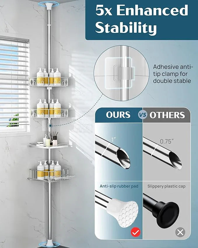 SElRIONE Corner Shower Caddy Tension Pole, Quick Setup, Rust-Free Bathroom Shower Organizer Corner for Bathtub Shampoo Storage, 4-Tier Adjustable Shelf, Drill Free, Fits 34 to 116 Inch Height - ModernBath