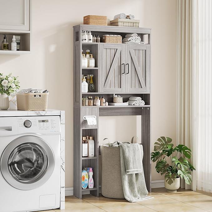 Over The Toilet Storage Cabinet with 2 Barn Doors & Built-in Toilet Paper Holder, Farmhouse Space-Saving Organizer for Bathrooms and Laundry Room, Grey - ModernBath