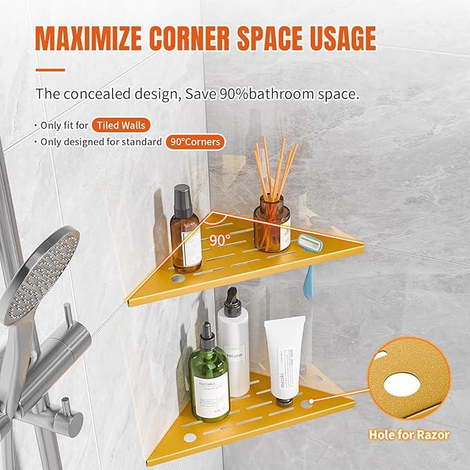 Shower Corner Shelf with Razor Hole,Modern Style Shower Caddy, Sturdy 304 Stainless Steel Shower Organizer,No Drilling Bathroom Corner Shelf for Tile Wall Gold 2 Pack-10 - ModernBath